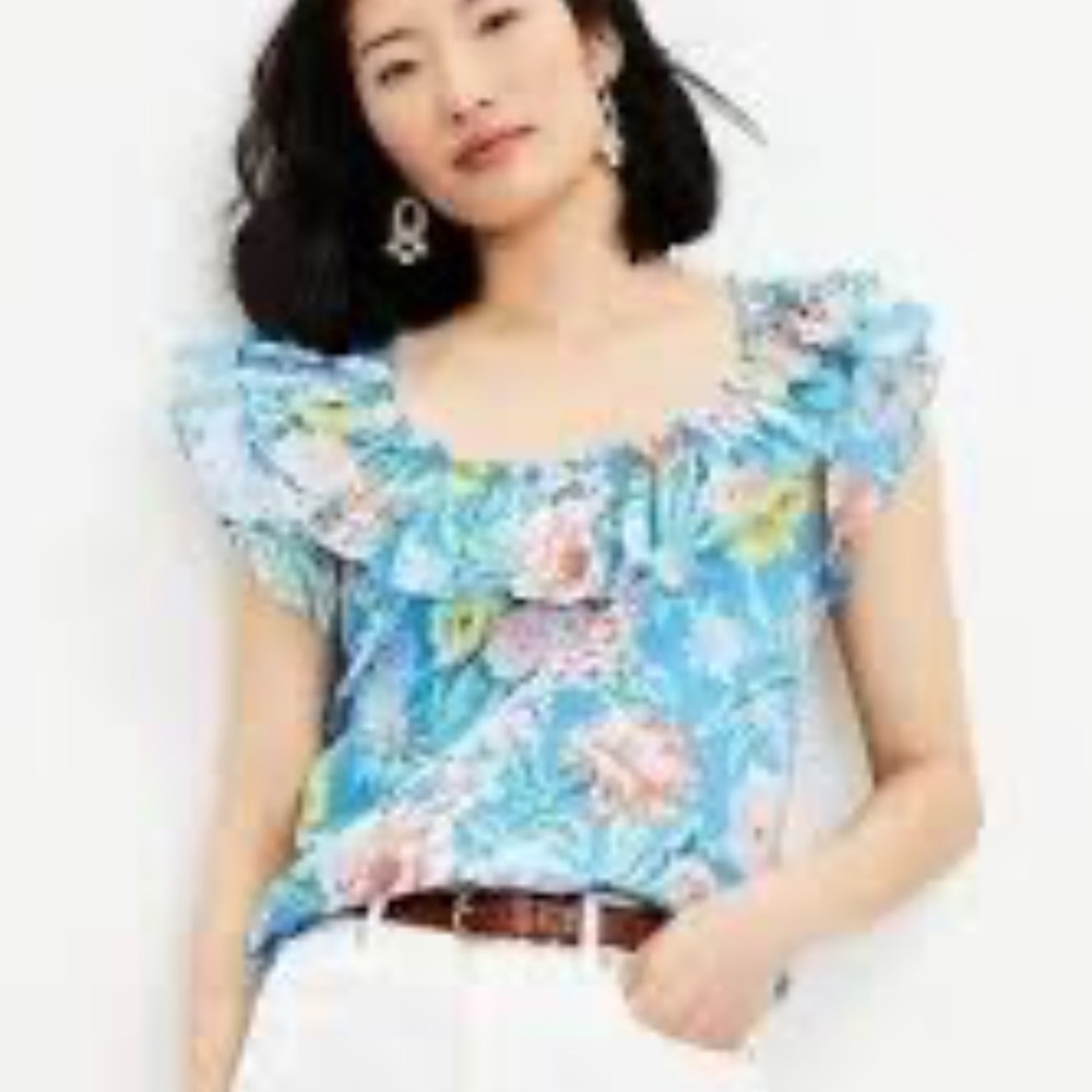 Loft Top Blouse Blue Floral Ruffled Cap Sleeve Lined Size M 100% Cotton, New